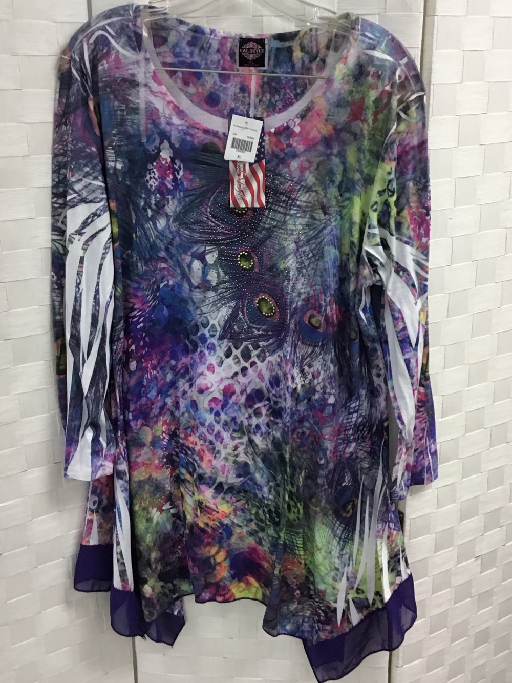 Women's Long Sleeve Multicolor Scoop Neck Tunic Top - Purple Accent
